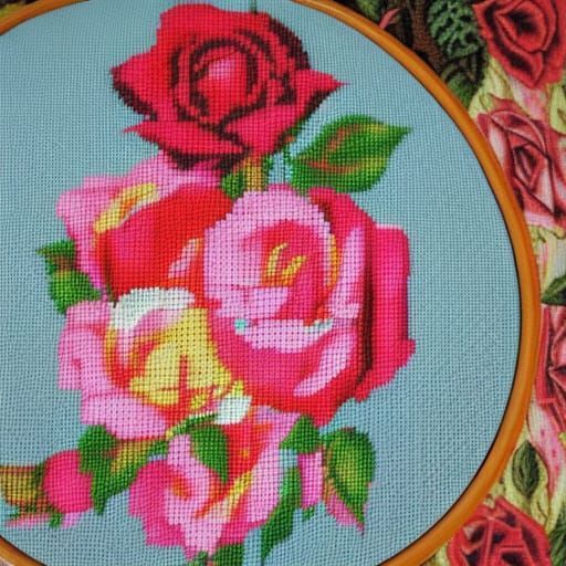 Vintage Woman Crossstitches a Beautiful Rose Mural in her Co...