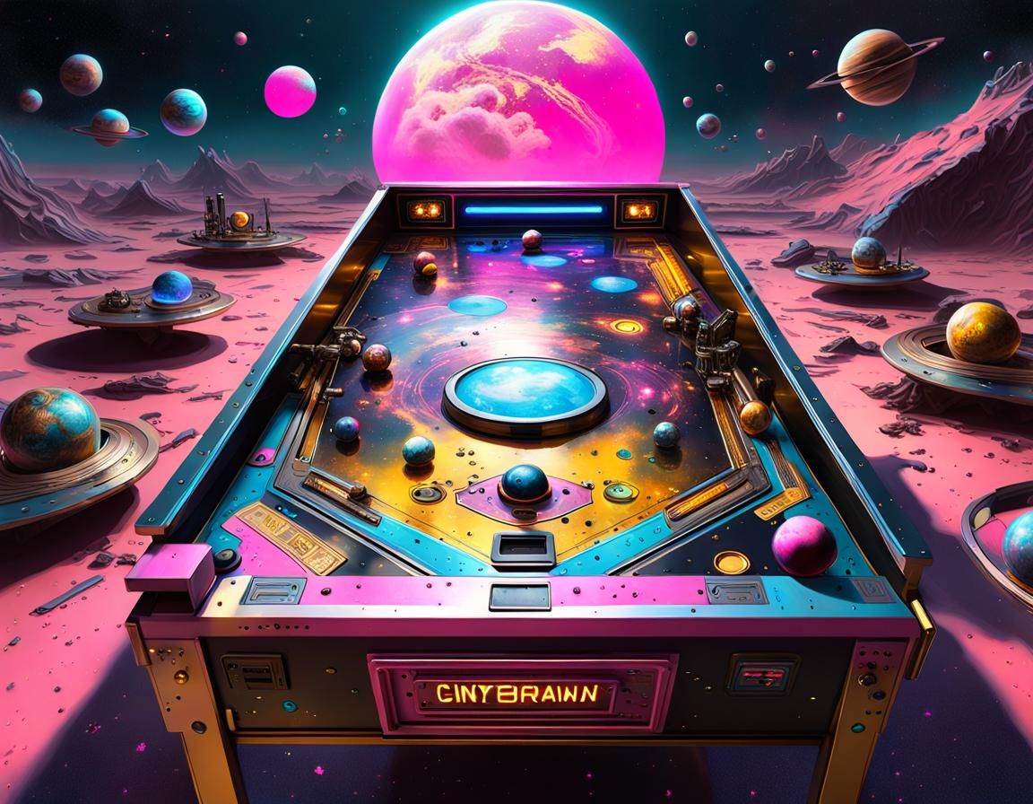 Cyberpunk Dreamscape with Planets as Pinballs in a Neon Gala...