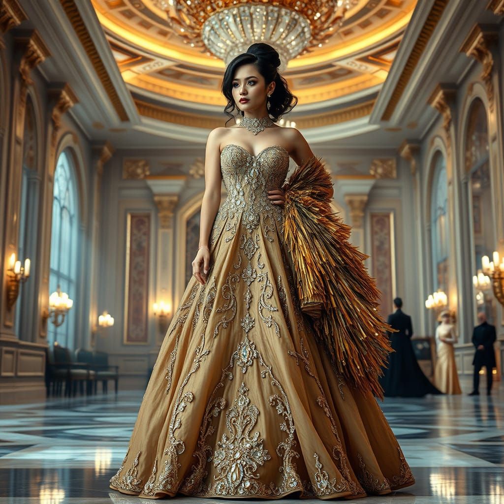 Elegant Woman in Resplendent Gown Poses in Ornate Ballroom