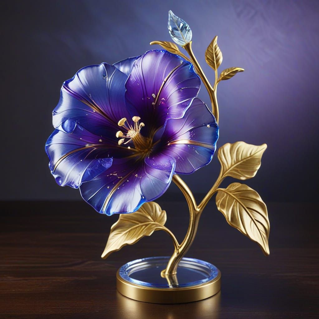Elegant Glass Morning Glory Statue with Engraved Leaf