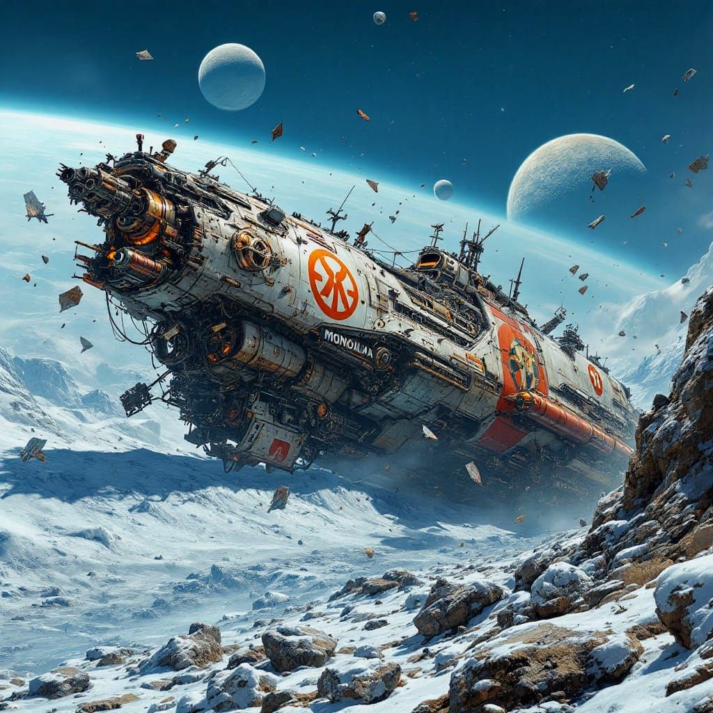Retro-Futuristic Spaceship Wreck on Icy Asteroid