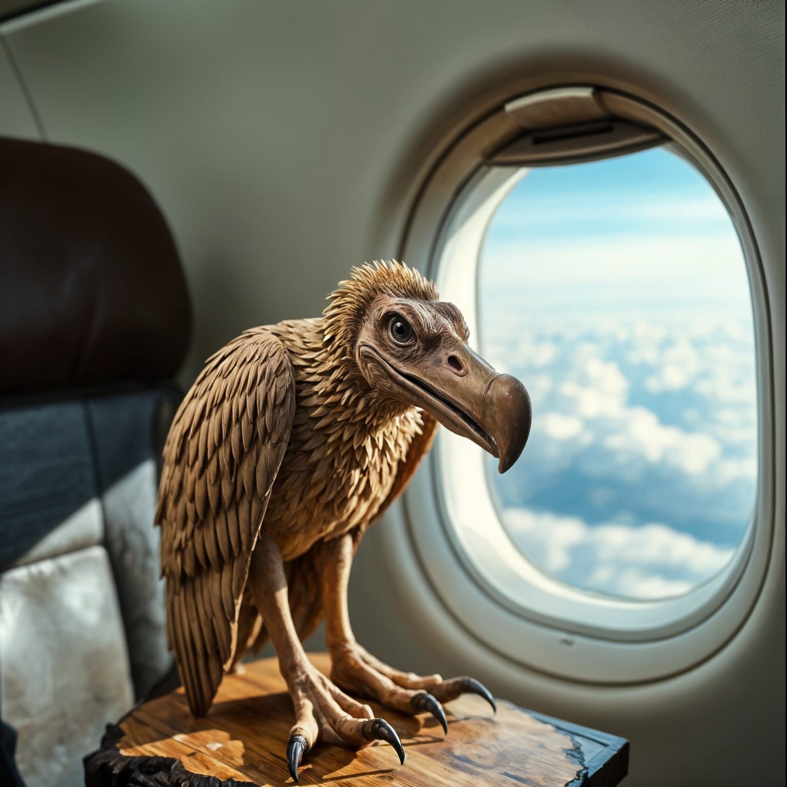 Intricate Wooden Vulture on Airplane, Cinematic Still
