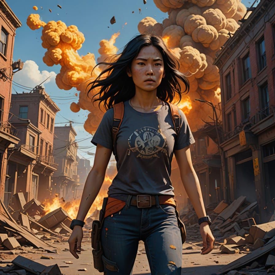 Determined Athlete Leaps through Dystopian Explosion in Fant...