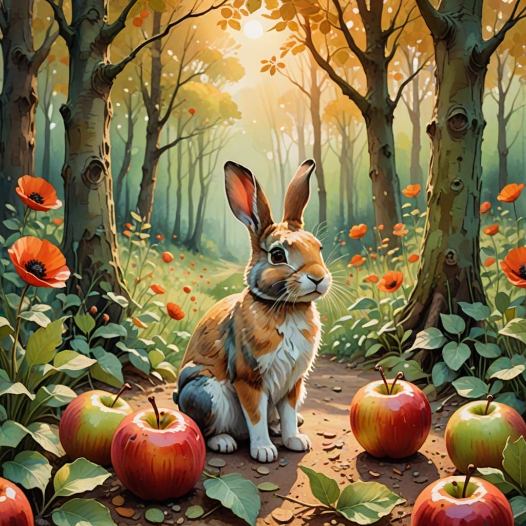 Watercolor Whimsy: Flower Blooms Inside Apple in Enchanted F...