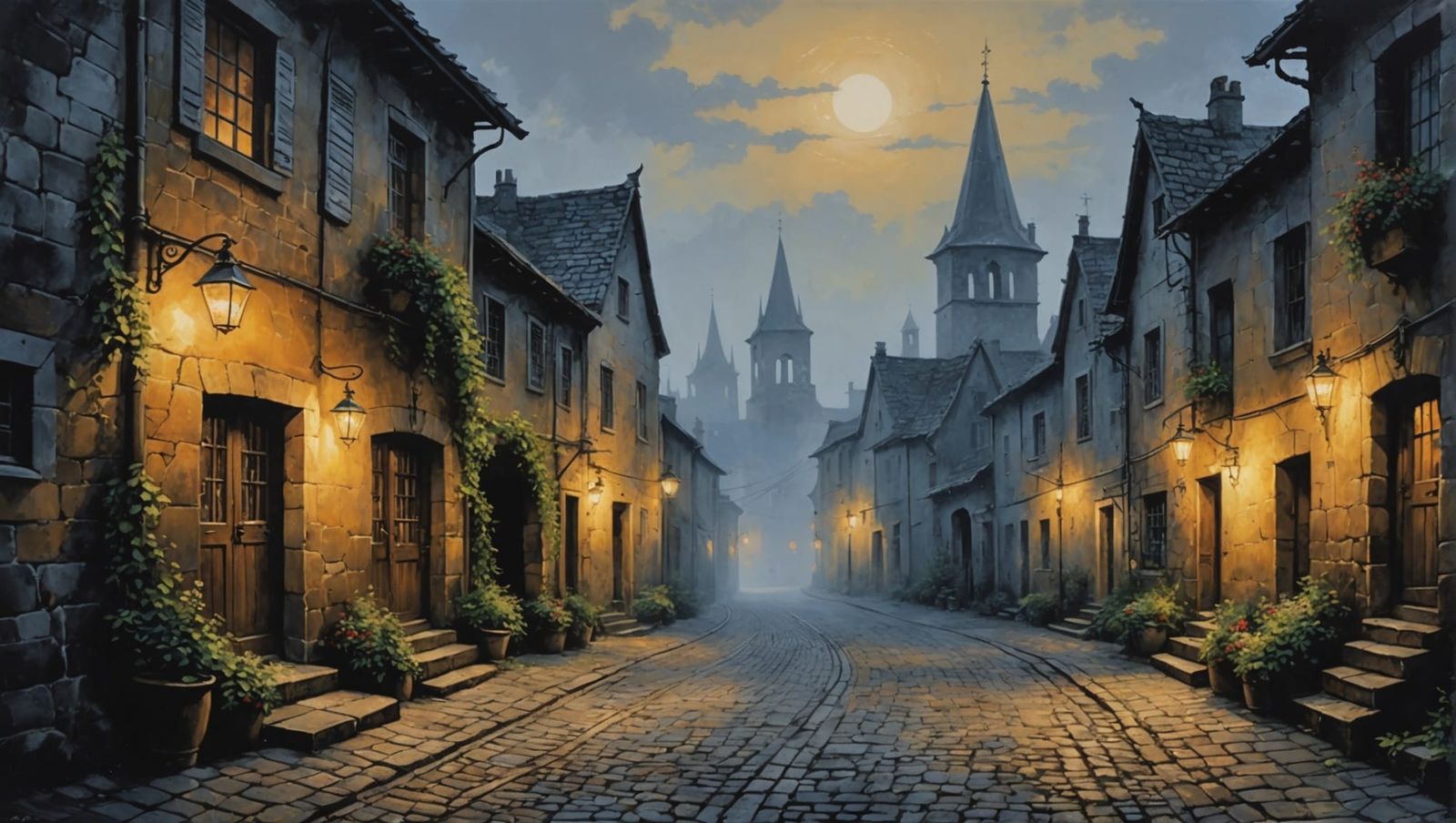 Rustic Sunrise Village Masterpiece in Chiaroscuro