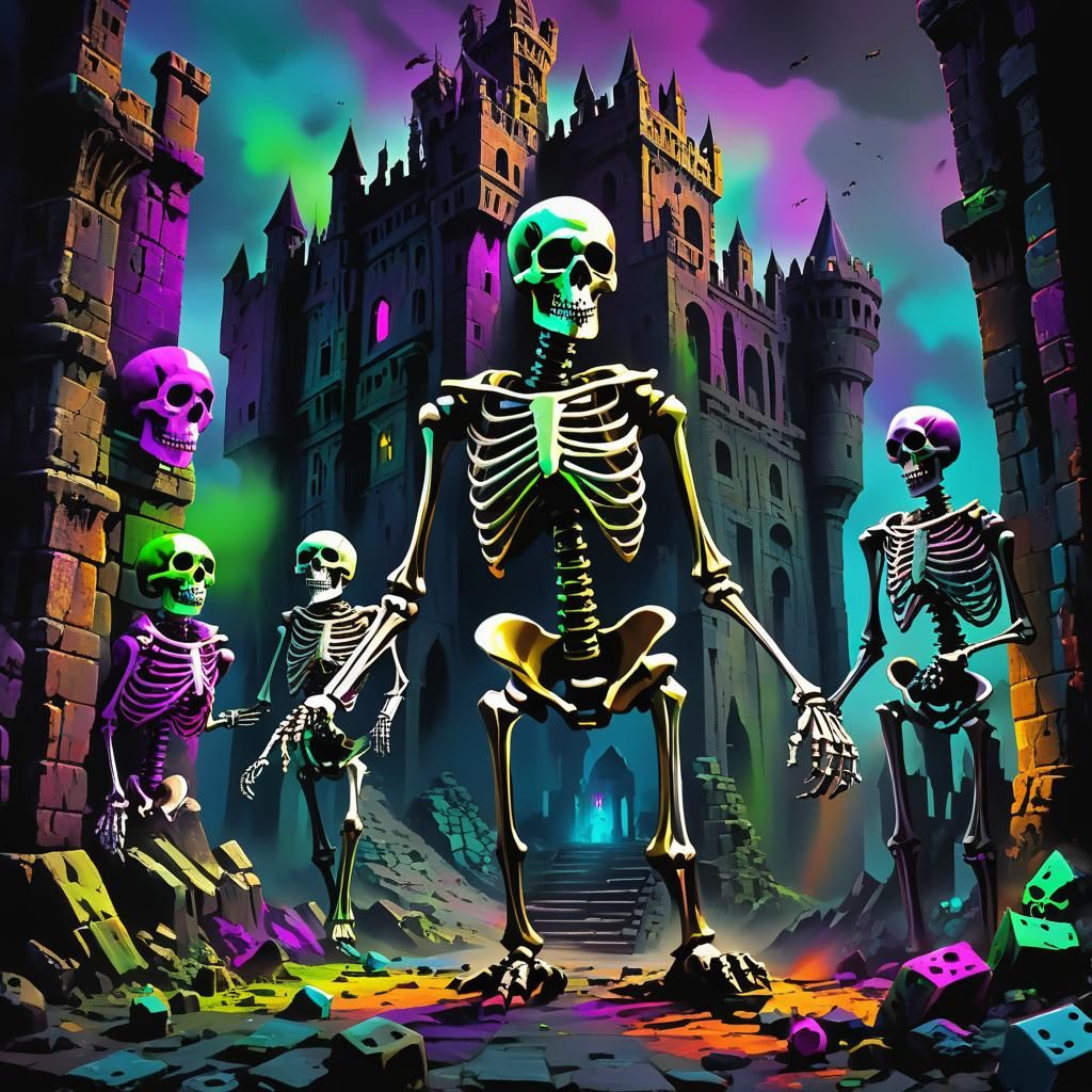Giant Skeletons Roll Dice in a Ruined Castle