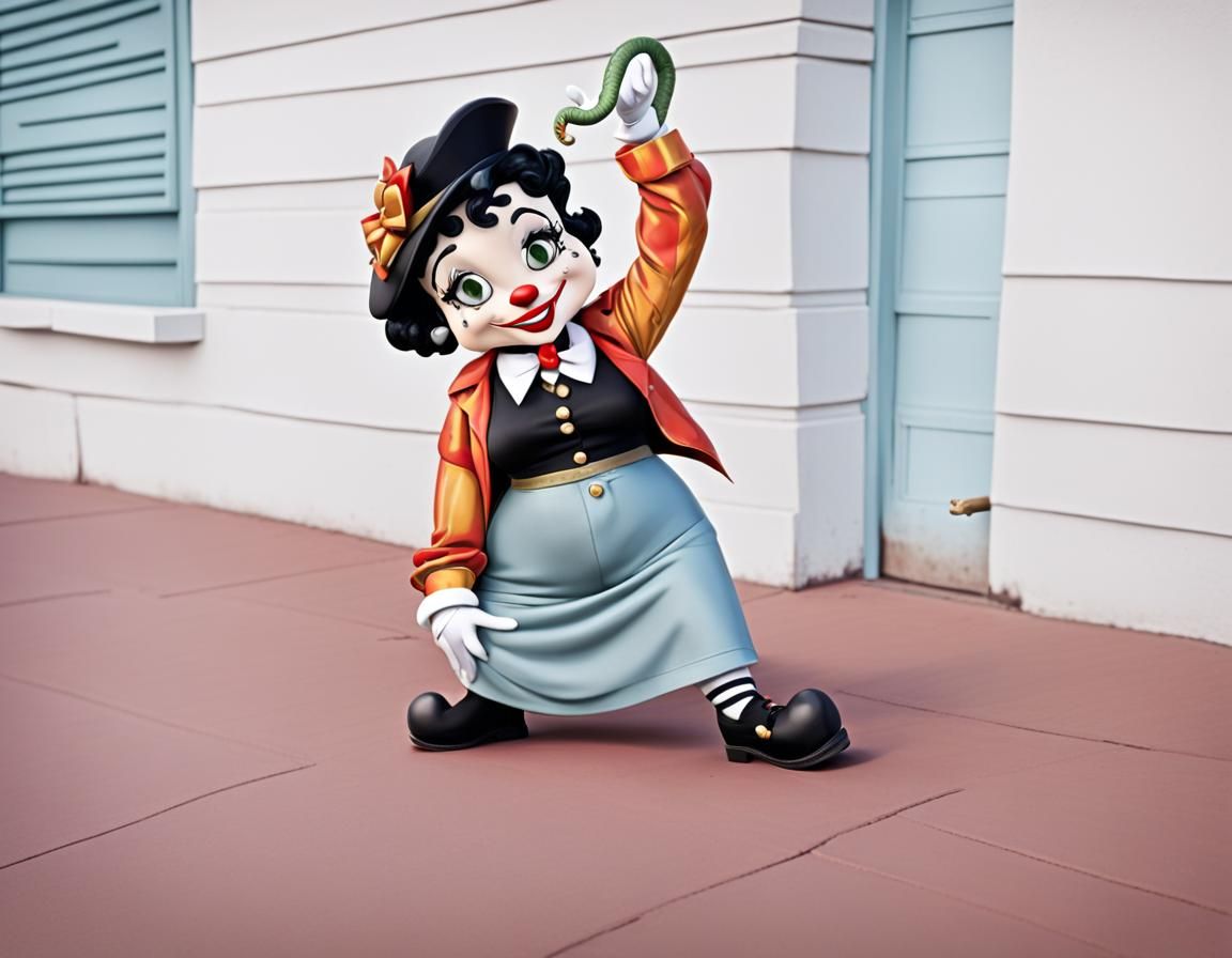 Retro Cartoon Diva Snake in Whimsical Charlie Chaplin Attire