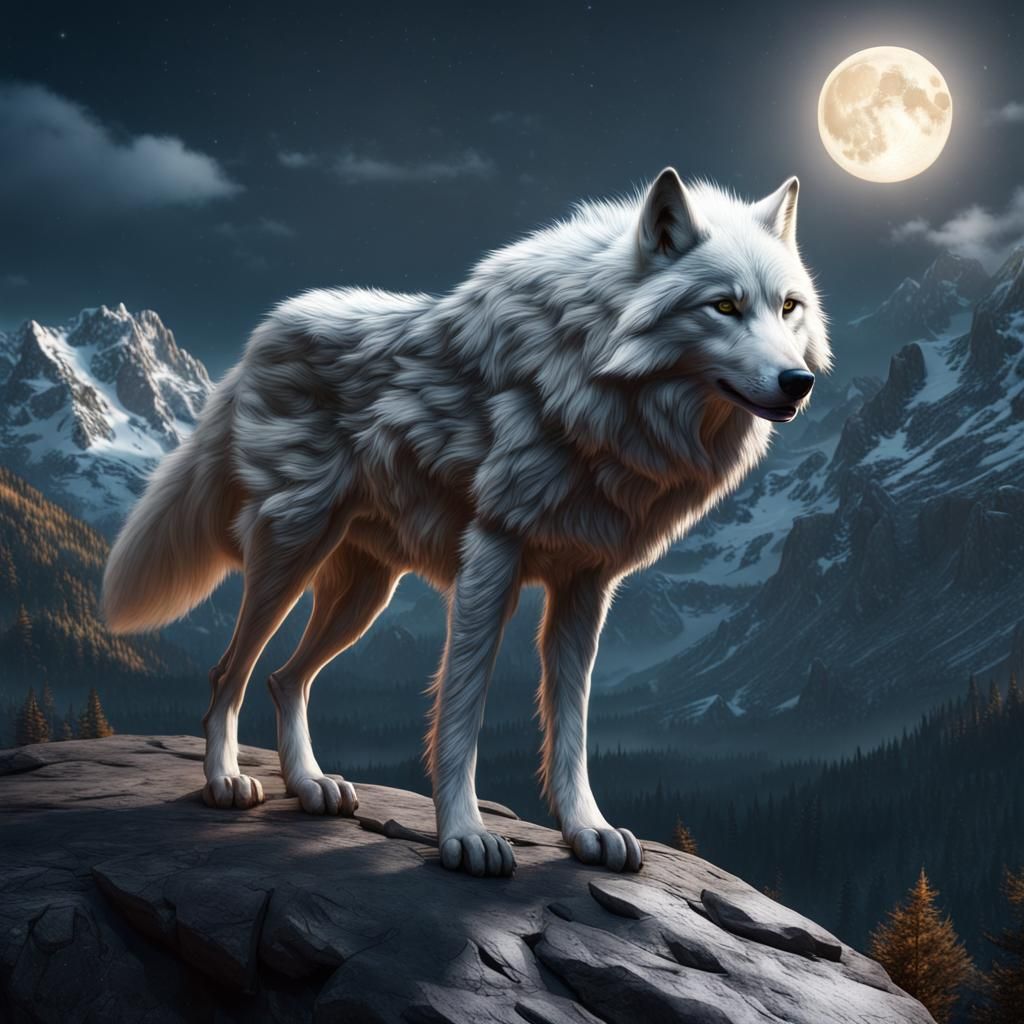 Majestic White Wolf Howls at Full Moon in Fantastical Mounta...