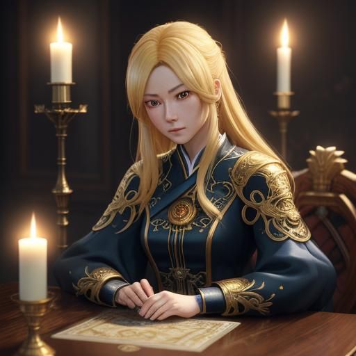 Ethereal Blonde Tarot Card Reader in Mystical Chamber