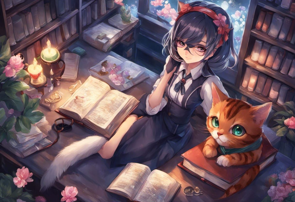 Beautiful Fantasy Anime Cat Girl Librarian in HDR