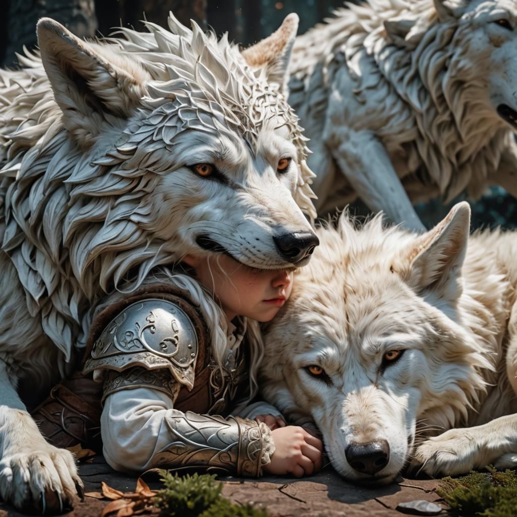 Elf Girl in Harmony with Majestic White Wolves