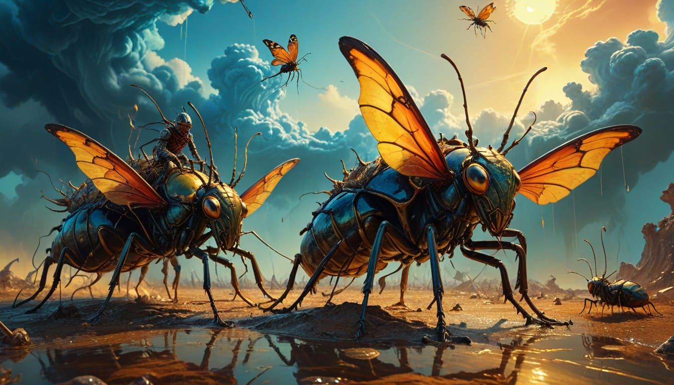 Tribe Riding Giant Insects in Surrealist Style