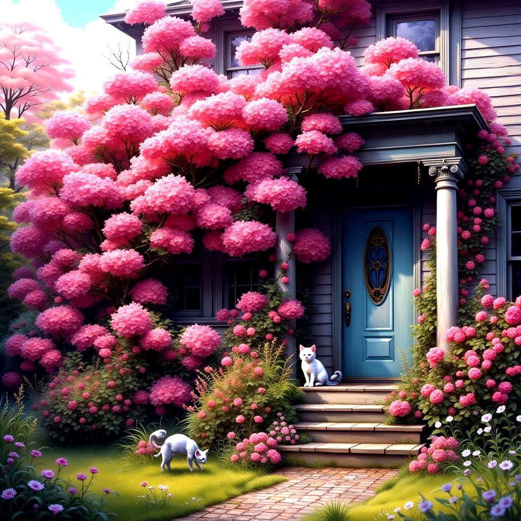 Azalea Bush with Kittens Playing, Nostalgic Scene