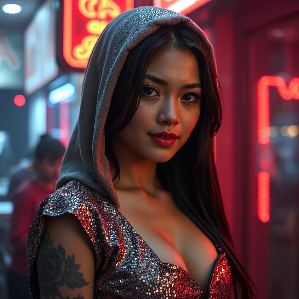 Cyberpunk Woman in Neon Red Nightclub