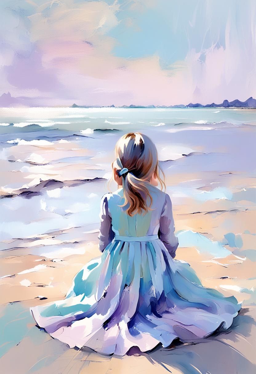 A Young Girl in a Dystopian Beach Scene, in Impressionist Pa...
