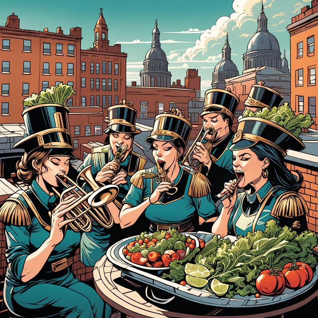 Mature Female Brass Band in a Comic Book Art-Style Rooftop C...
