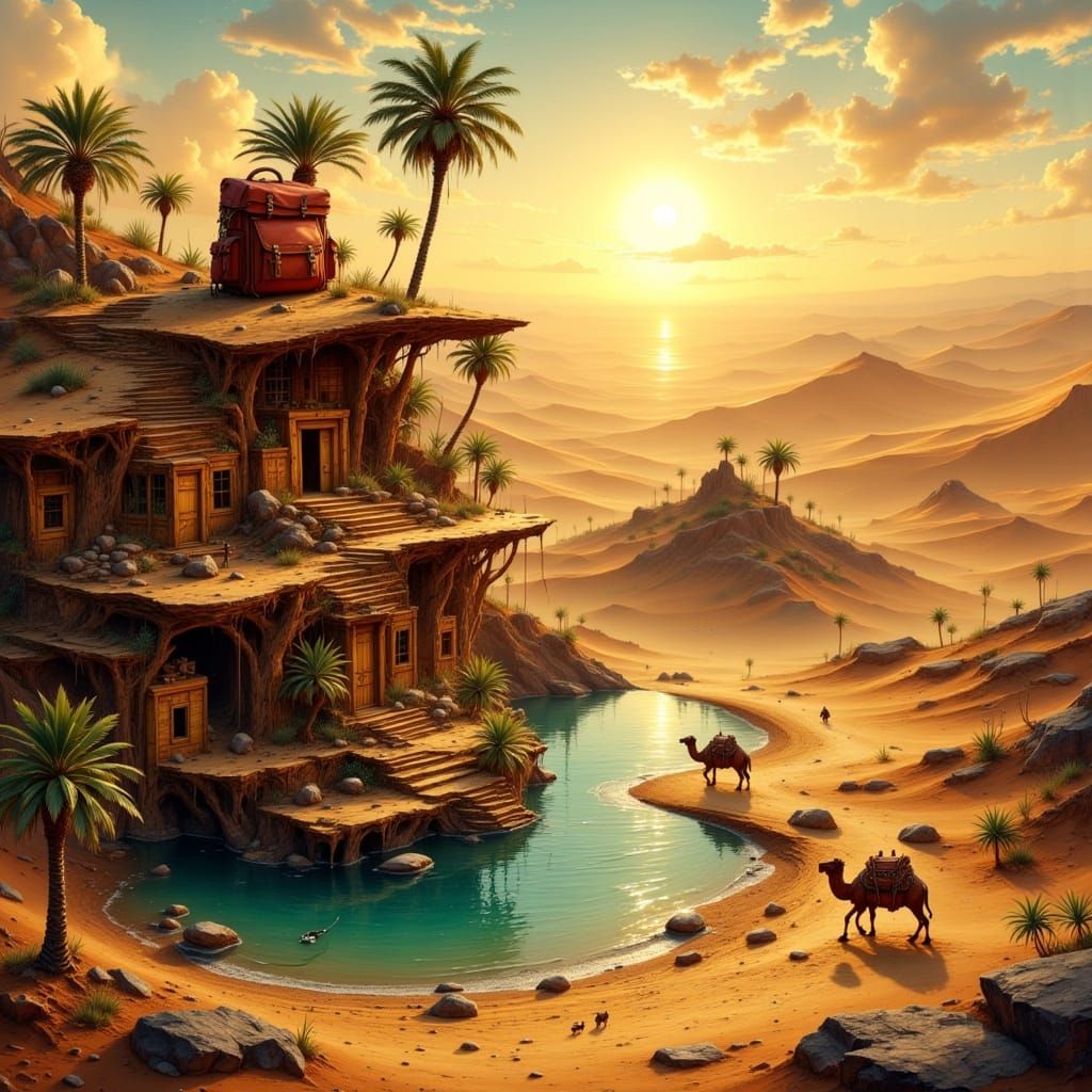 Miniature Desert Oasis in Surreal Style