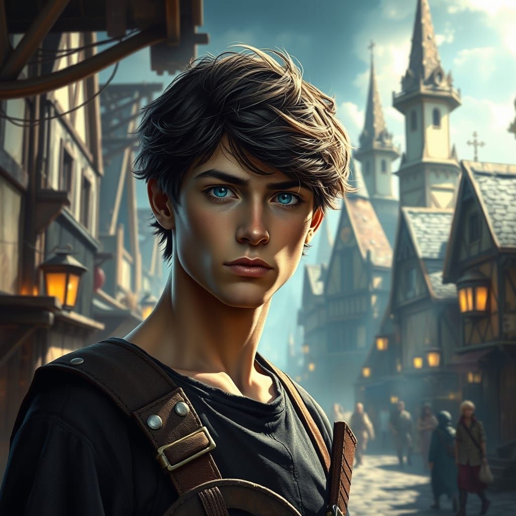 Young Blacksmith in Bustling Fantasy Town: Digital Matte Pai...