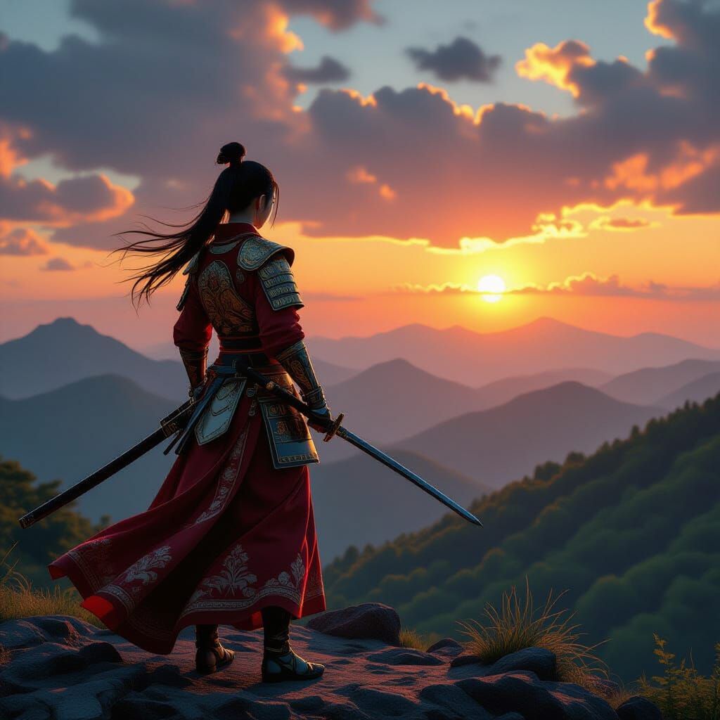 Samurai Warrior Overlooks Emerald Forest at Sunset