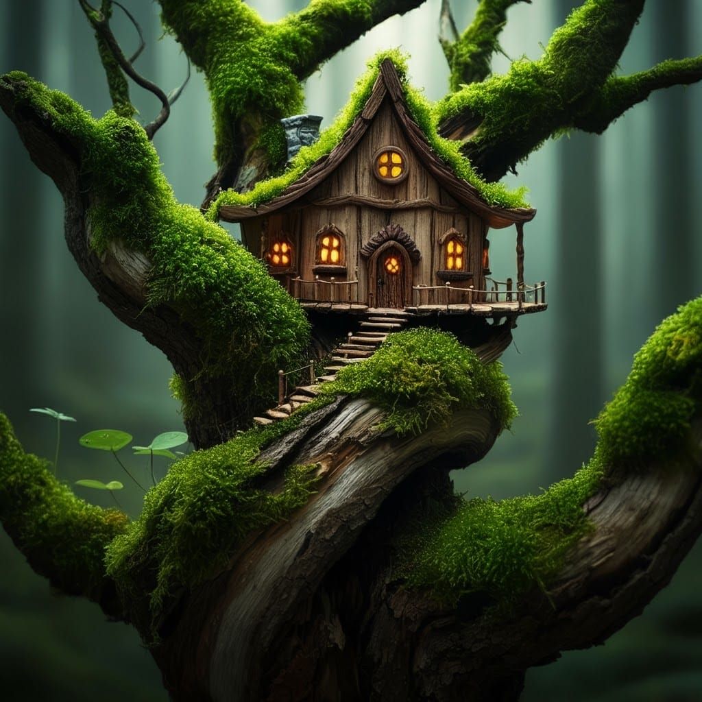Enchanted Mossy Treehouse in Whimsical Woodland