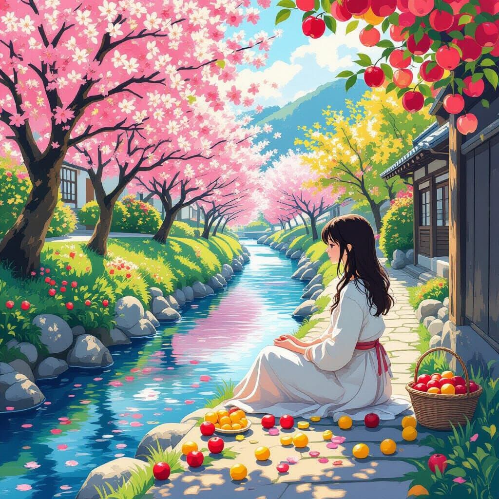 Woman by River with Fruit Trees, Detailed Whimsical Art