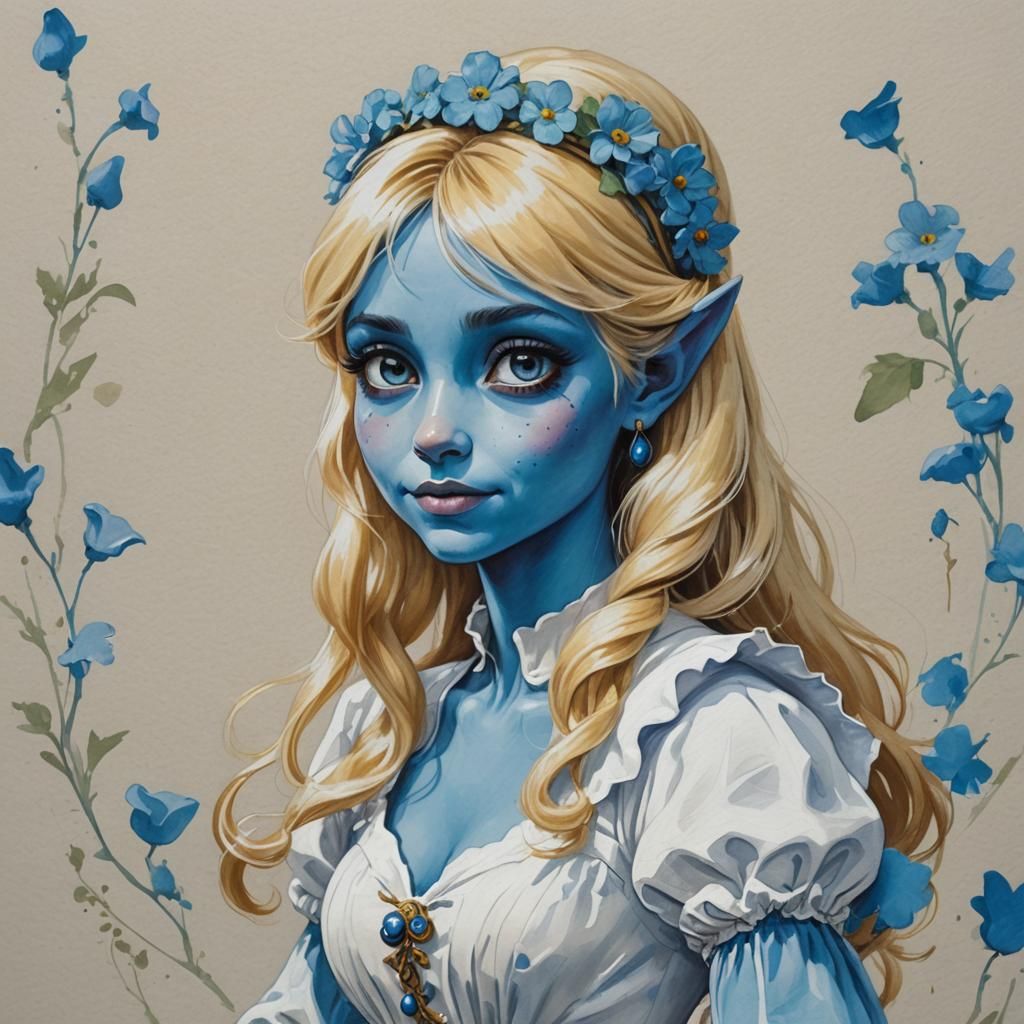 Gouache Painting of a Blue-Skinned Smurfette