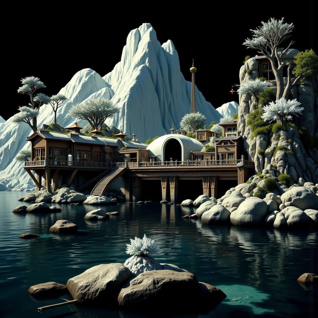 Photorealistic Harbor Scene with Vintage Locomotive