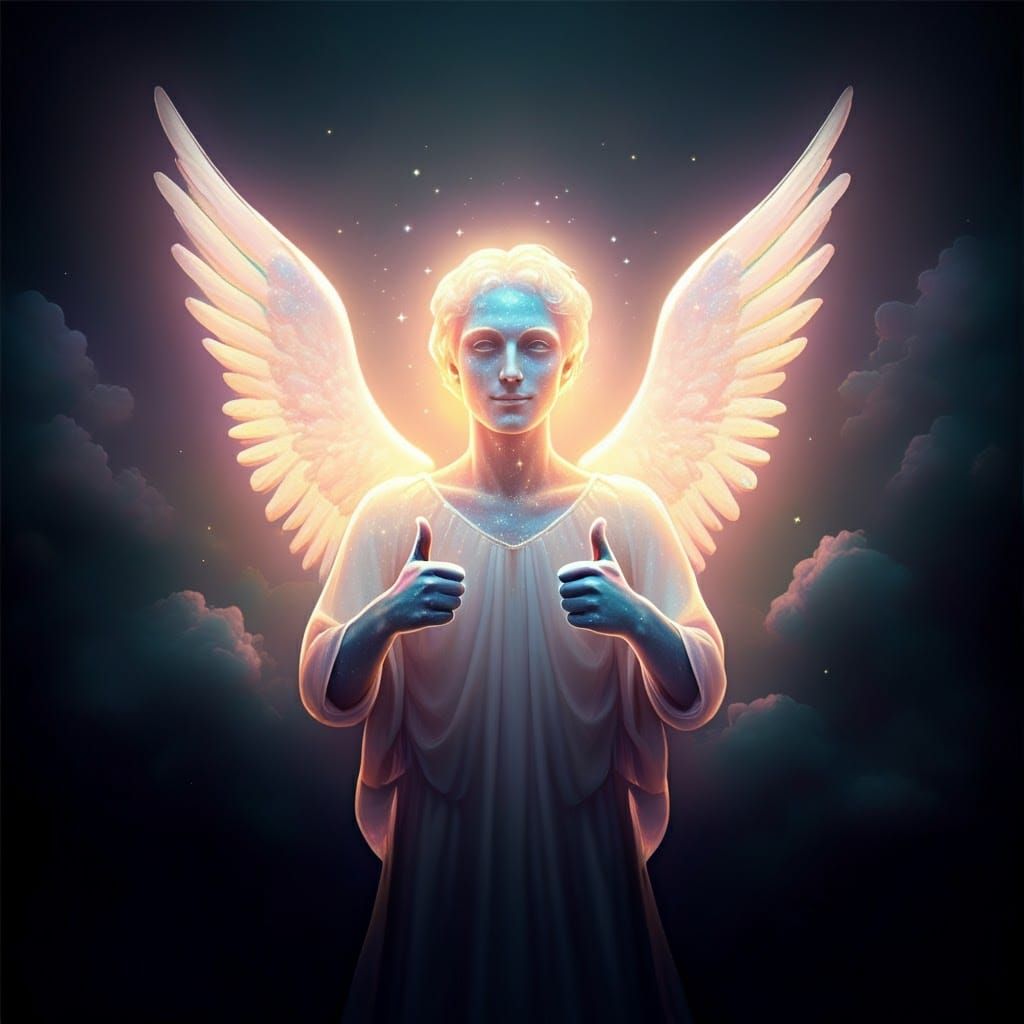 Celestial Being Gives Thumbs Up in Iridescent Smoke