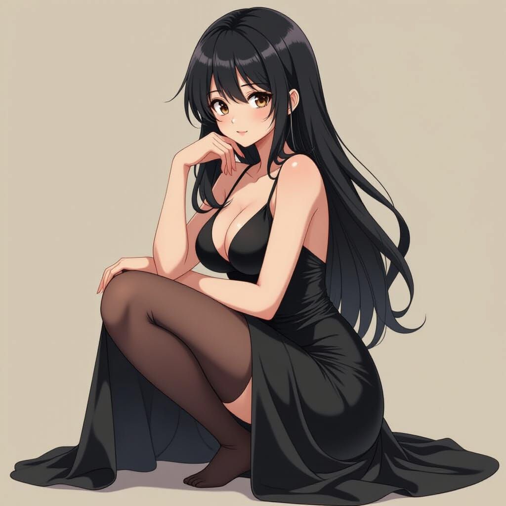 Anime Girl in Black Dress, Voluptuous Figure