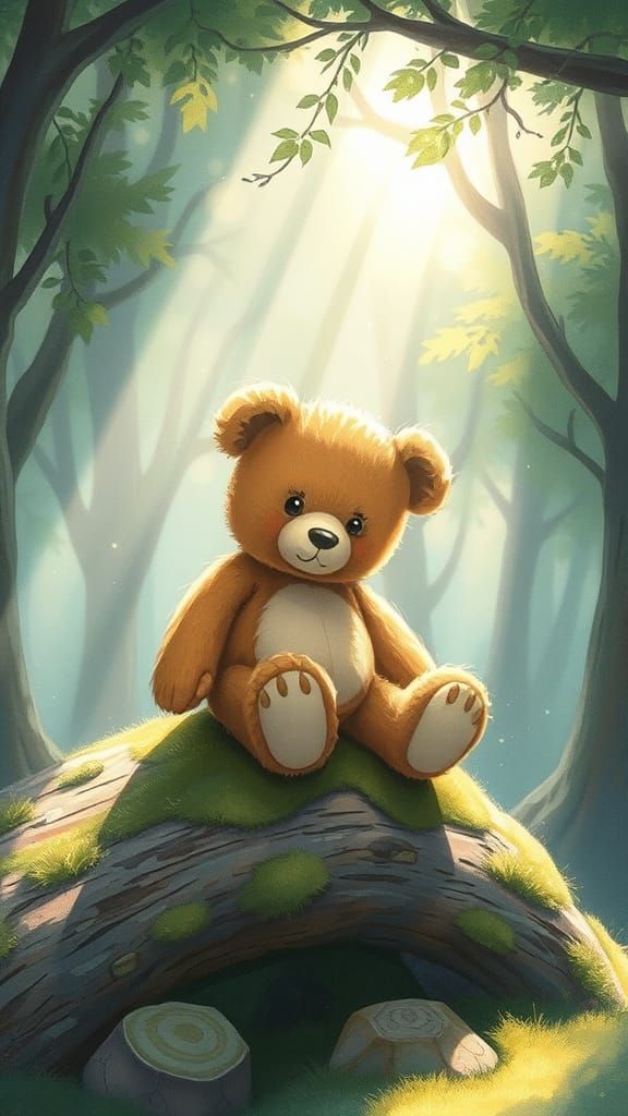 Whimsical Teddy Bear in Enchanted Forest Clearing