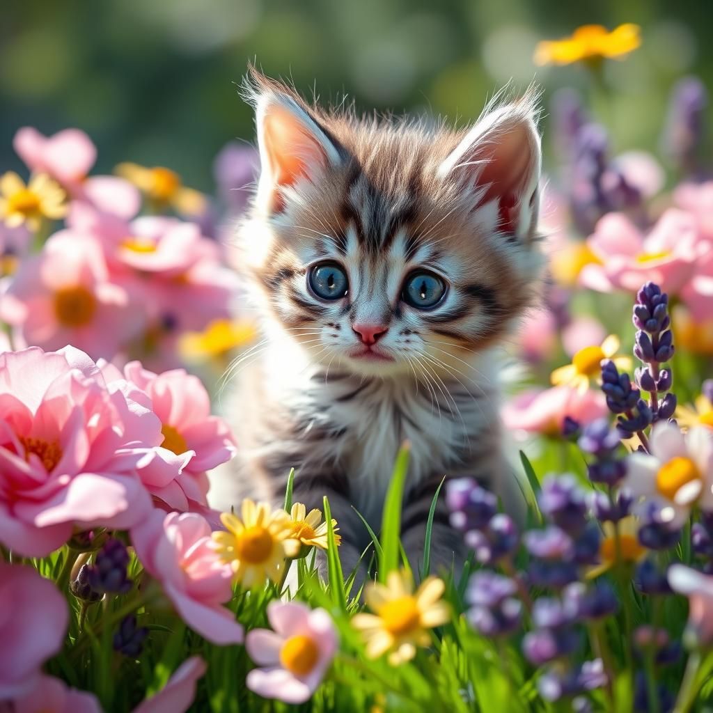 Whimsical Grey Kitten in a Blooming Garden