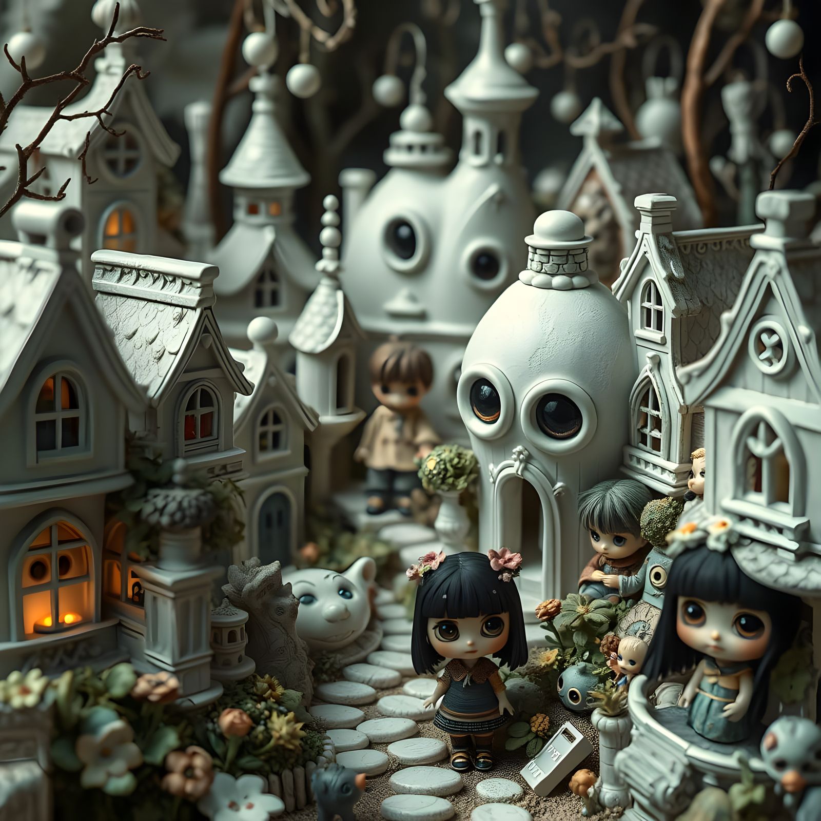 Eerie Porcelain Dolls in Whimsical Surreal Village
