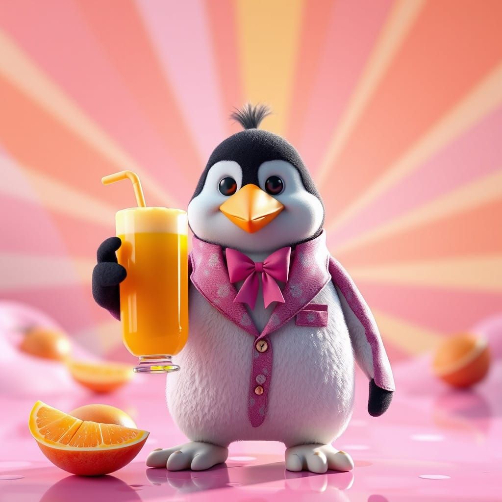 A plush penguin is handing out some mango juice in a funky f...