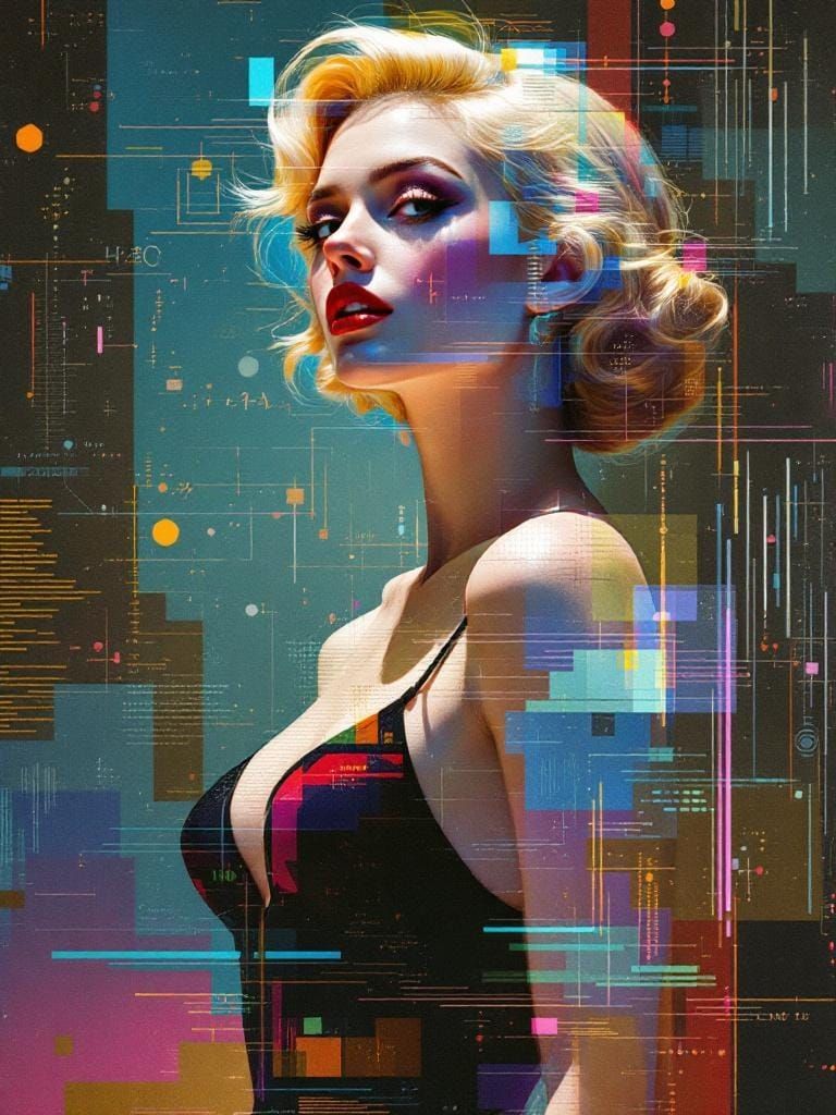 Glitch Photo of 1950s Pin-Up in Fractal Style