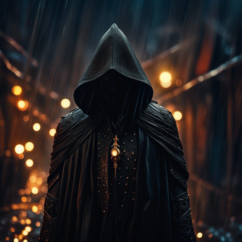 Mysterious Hooded Archon in Rainy Dark Fantasy City