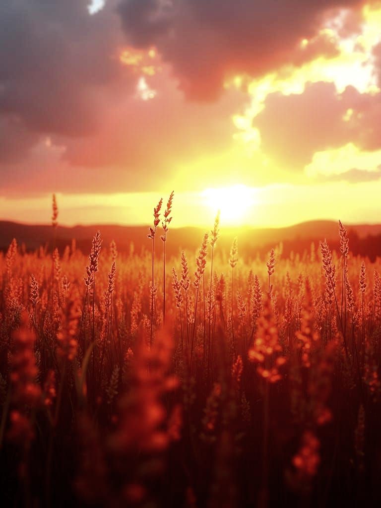 Heavenly Sunset over a Golden Grass Field