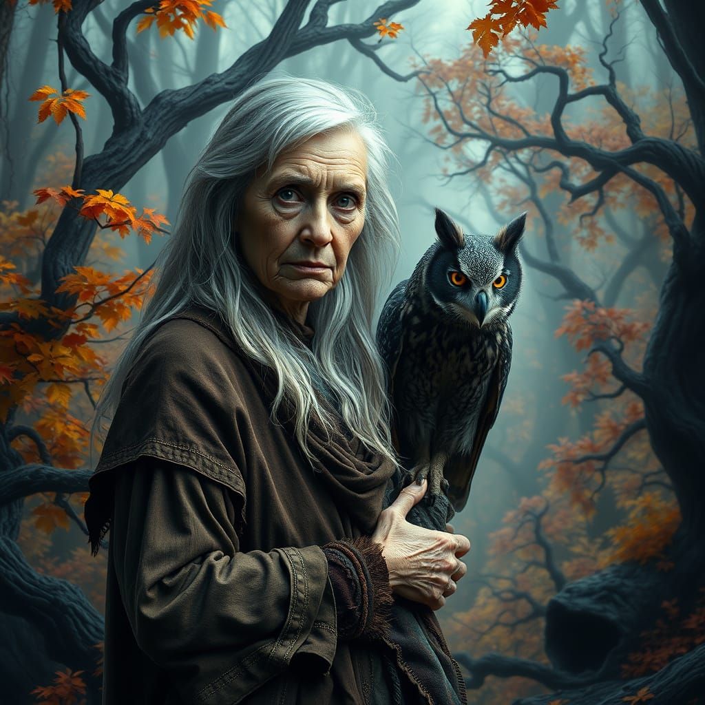 Mystical Woman in Haunting Forest with Owl and Majestic Blac...