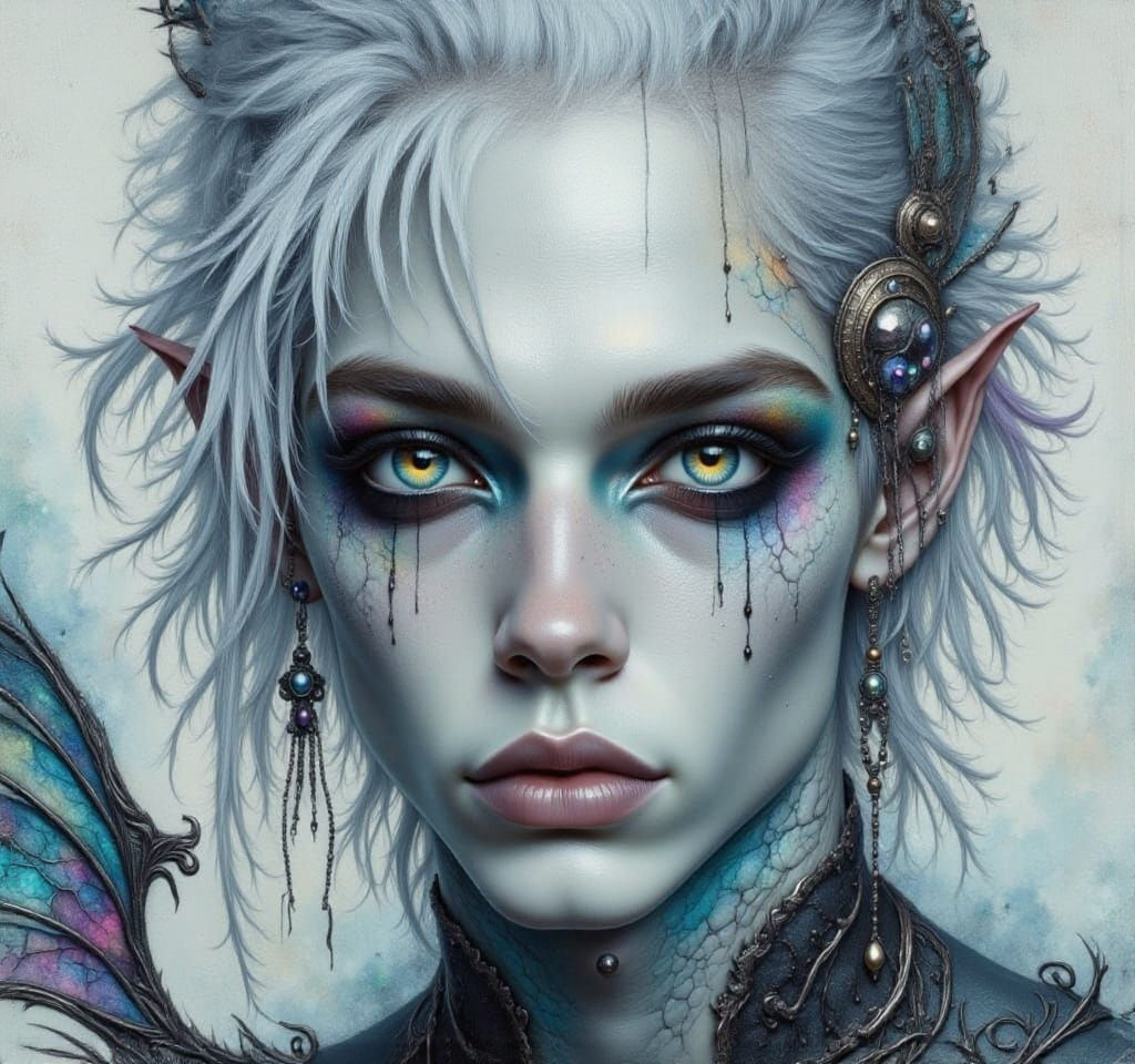 Goth Punk Fairy Man with Scales and Silver Droplets