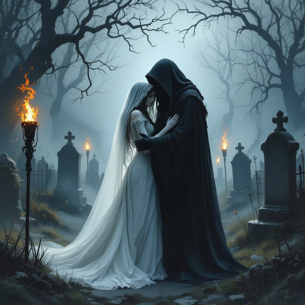 Dark Fantasy Graveyard Embrace with Hooded Figure
