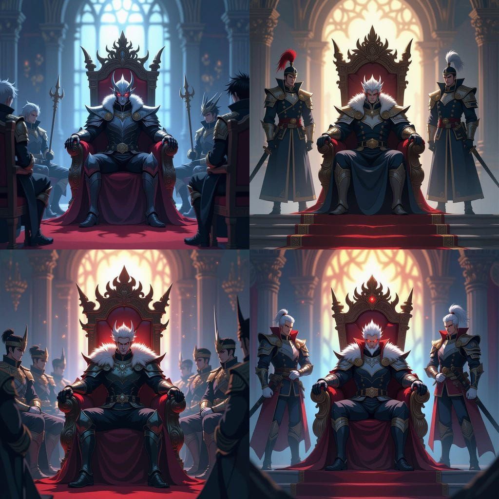 Shonen Anime Style Demon King with Generals on Throne