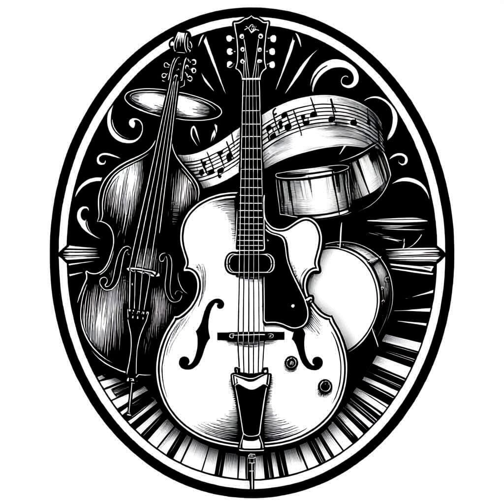 Oval Jazz Music Tattoo Design with Guitar, Bass, Piano & Dru...