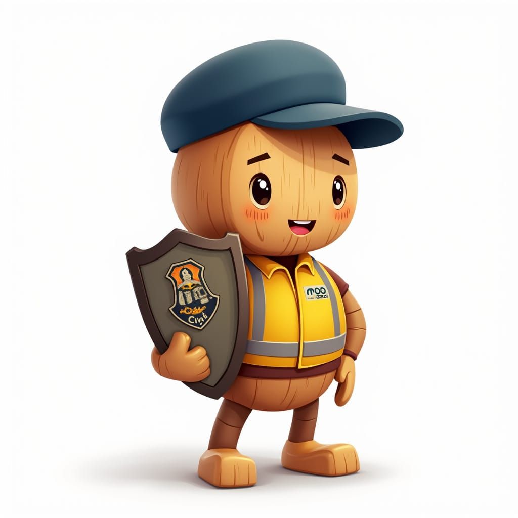 Smiling Wooden Mascot in Cartoon Style with Safety Shield