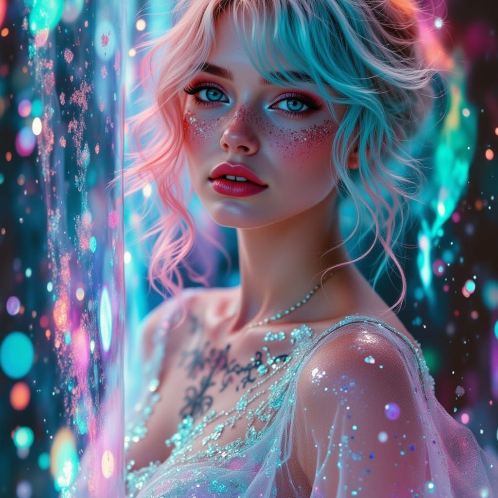 Glamorous Woman in Holographic Ballgown with Neon Tattoos