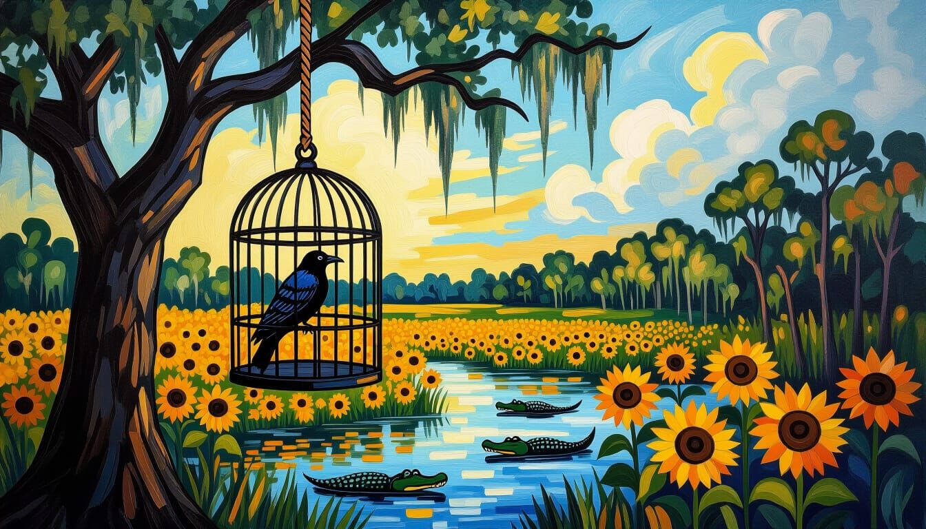 Crow in Iron Cage in Sunflower Swamp, Van Gogh Style
