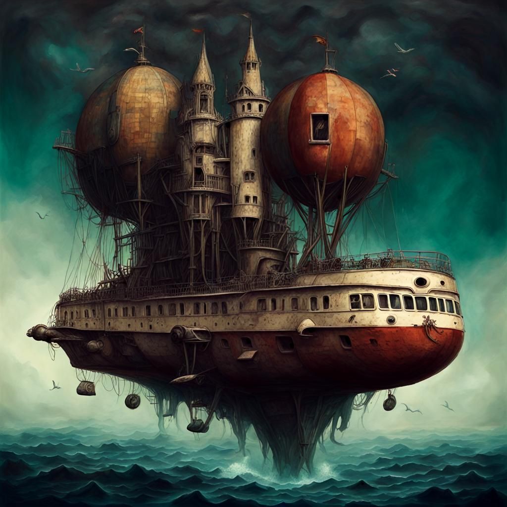 Surreal Voyage on a Vintage Caravel in Deep Colors