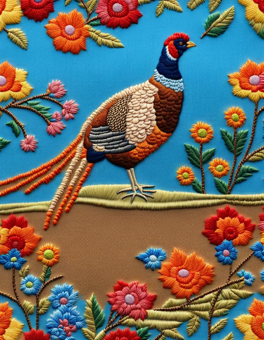 Surreal Embroidered Pheasant under Vibrant Blue Sky