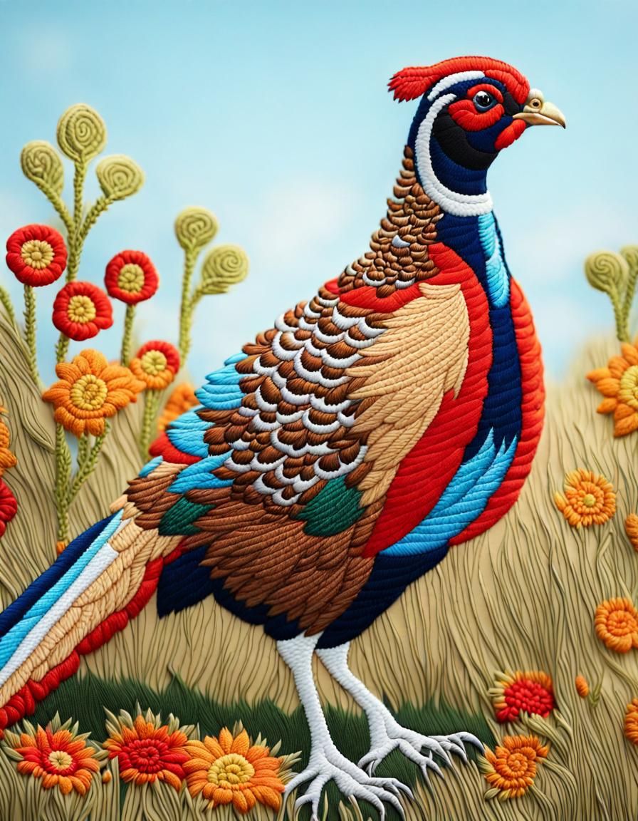 Vibrant Pheasant Embroidered on a Happy Blue Sky Fabric
