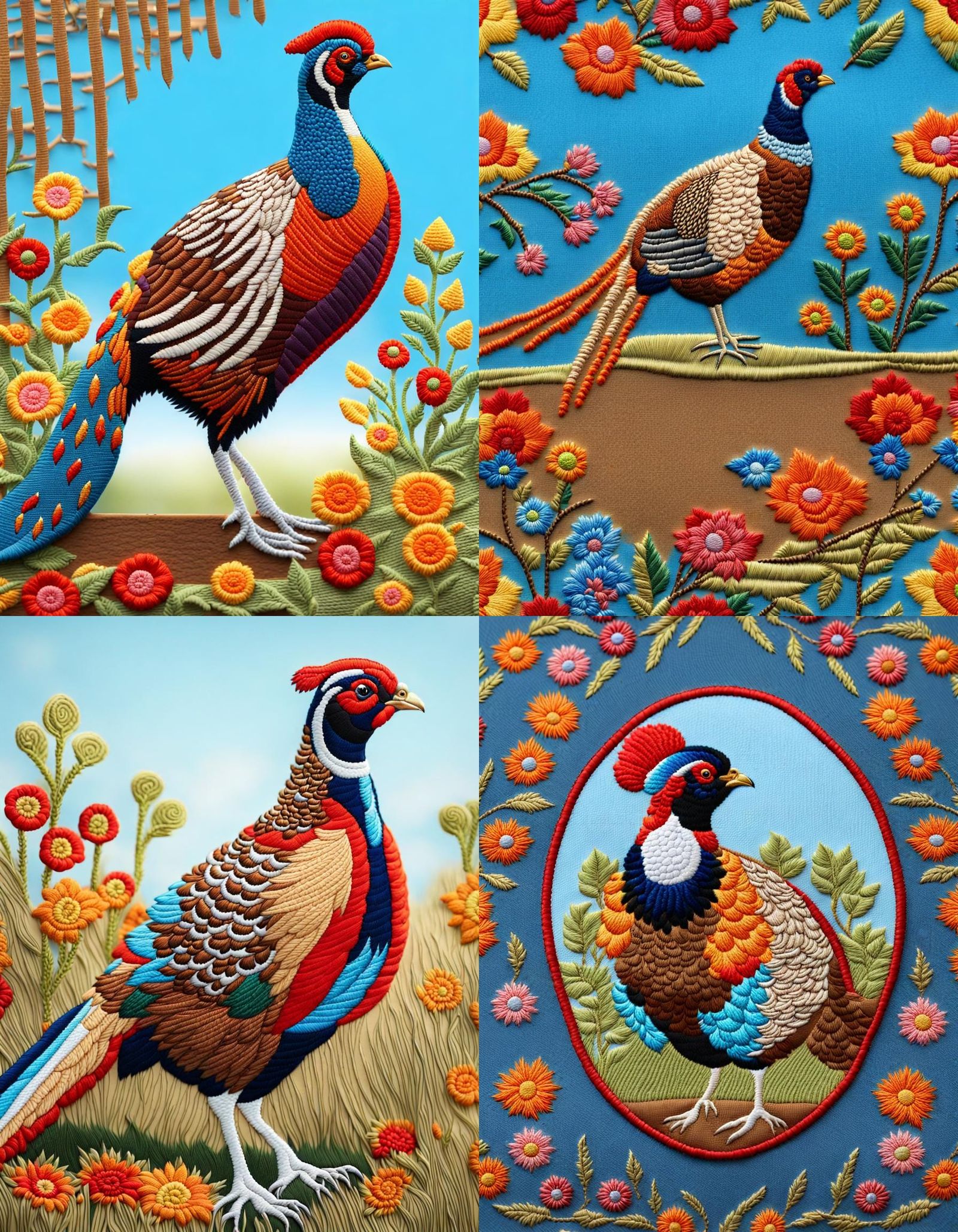 Vibrant Imperial Pheasant Embroidered on Fabric