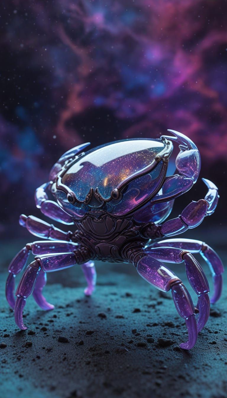 Glass Crab Sculpture in Vibrant Cosmic Nebula