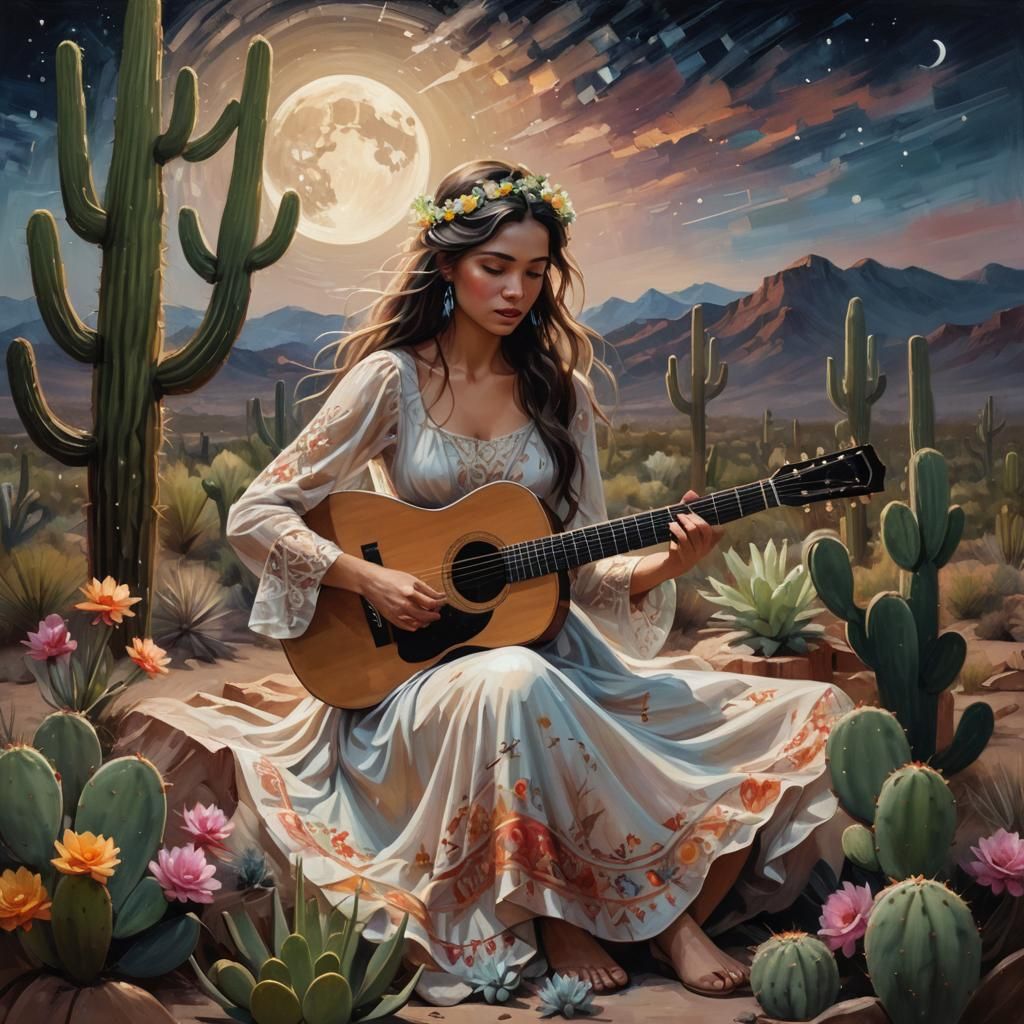Romanticized Western Goddess in Moonlit Desert Oasis